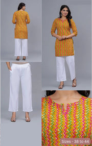Cotton tunic in mustard with zig zag stripes and mirror work