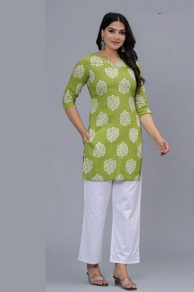 Cotton tunic in green with mirror work  & floral print