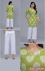 Cotton tunic in green with mirror work  & floral print