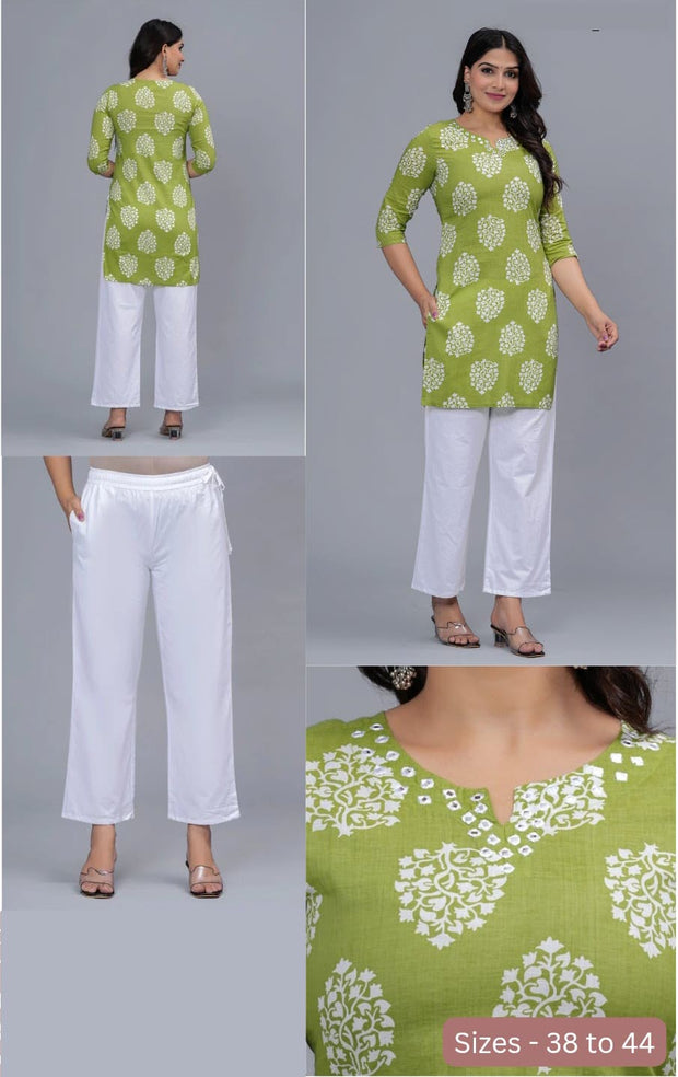 Cotton tunic in green with mirror work  & floral print
