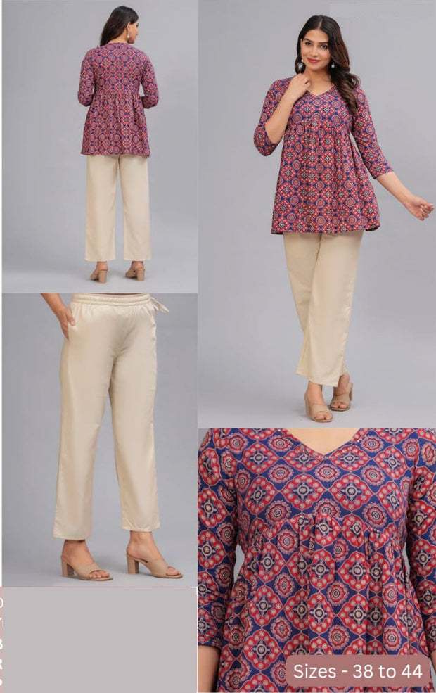 Cotton tunic in blue & maroon in Ajrakh pattern