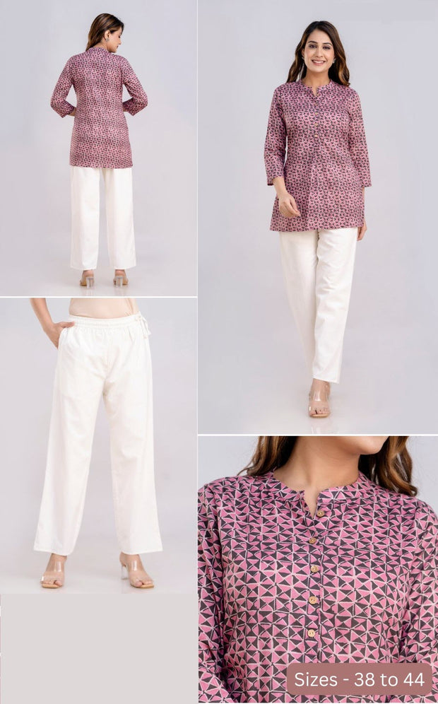 Cotton tunic in pink & black in diamond pattern