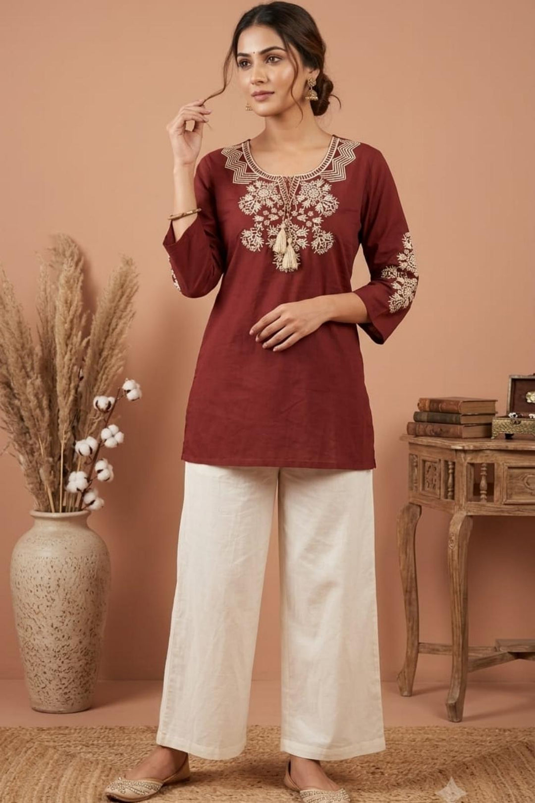 Cotton embroidery top with tassles