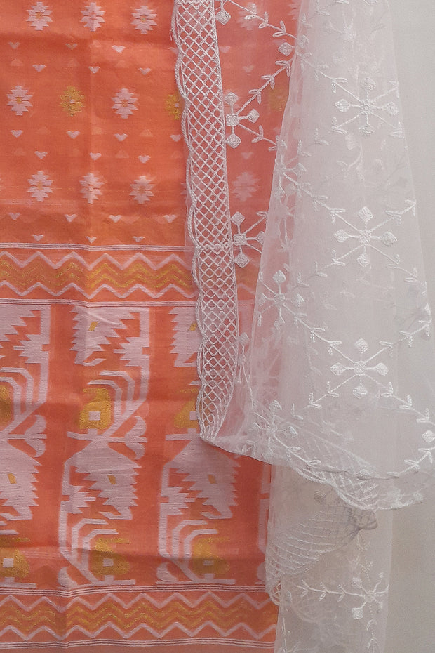 Jamdani silk cotton  2 piece salwar suit  material  in peach & off white