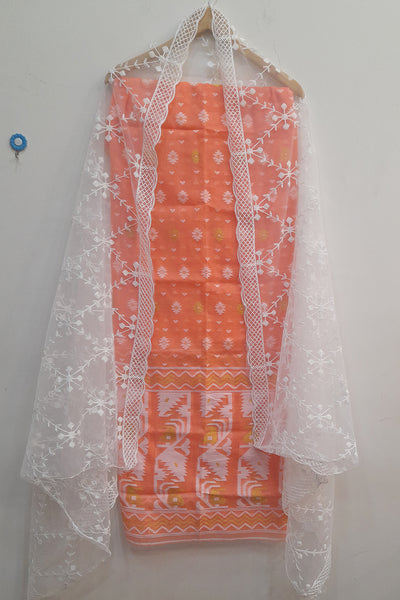 Jamdani silk cotton  2 piece salwar suit  material  in peach & off white