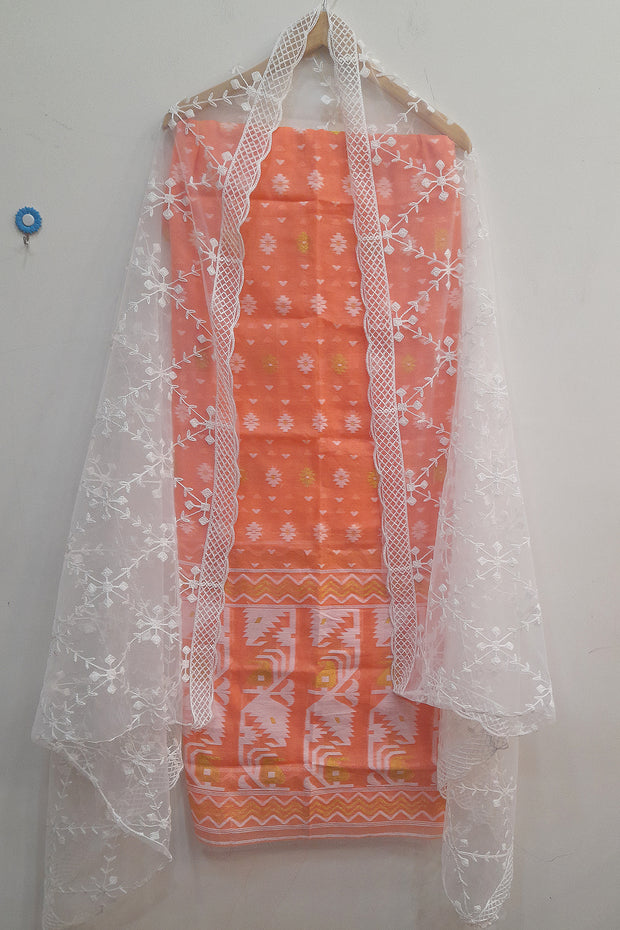 Jamdani silk cotton  2 piece salwar suit  material  in peach & off white