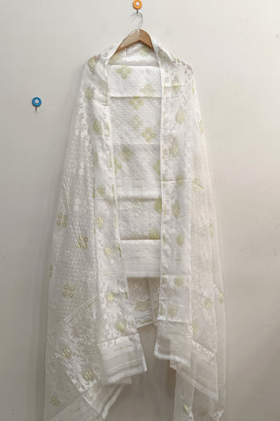 Jamdani silk cotton 2 piece salwar suit  material  in white