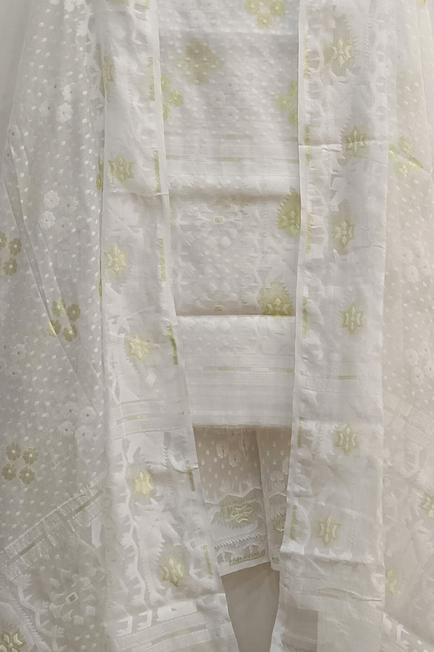 Jamdani silk cotton 2 piece salwar suit  material  in white