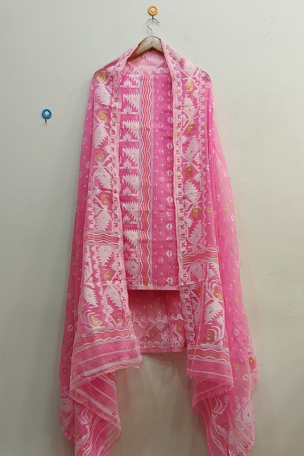 Jamdani silk cotton 2 piece salwar suit  material  in pink