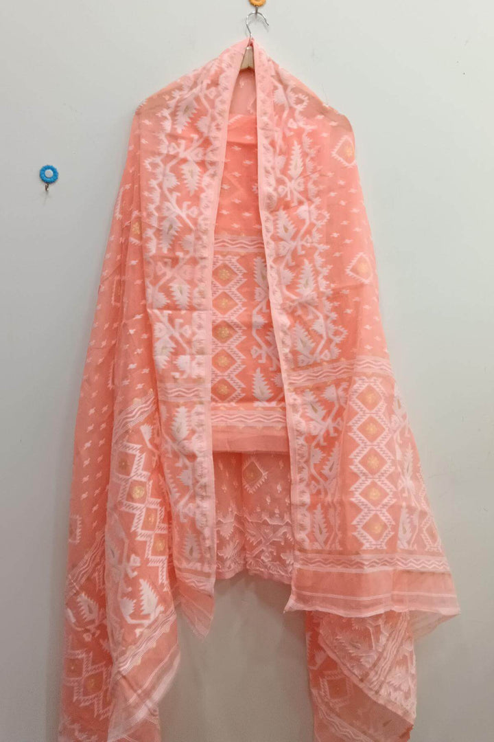 Jamdani silk cotton salwar suit material in 2 piece in orange