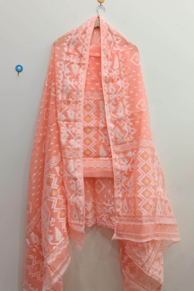 Jamdani silk cotton salwar suit material in 2 piece in orange