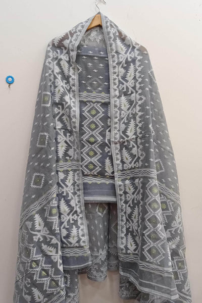 Jamdani silk cotton salwar suit material in 2 piece in grey