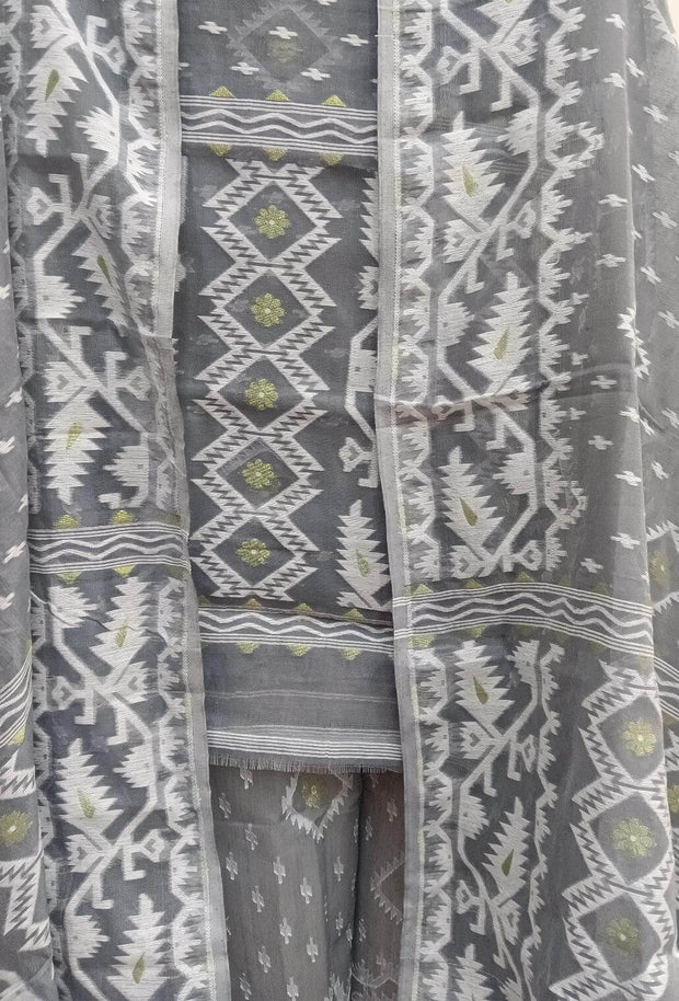 Jamdani silk cotton salwar suit material in 2 piece in grey