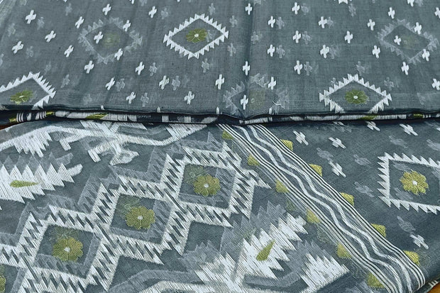 Jamdani silk cotton salwar suit material in 2 piece in grey