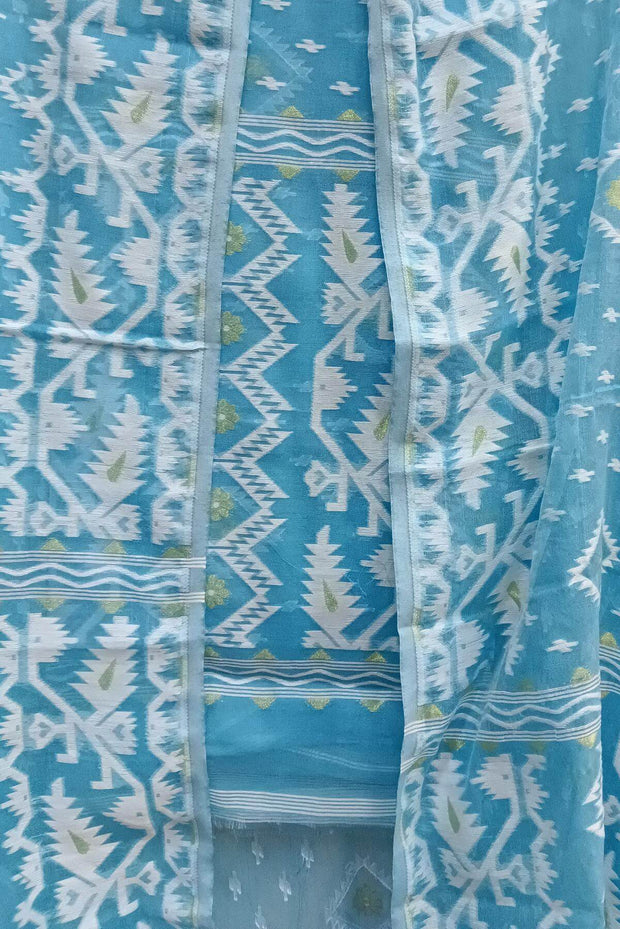 Jamdani silk cotton salwar suit material in 2 piece in blue