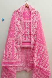 Jamdani silk cotton salwar suit material in 2 piece in pink