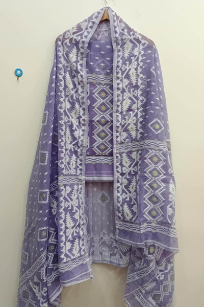 Jamdani silk cotton salwar suit material in 2 piece in lavender