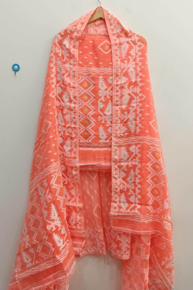 Jamdani silk cotton salwar suit material in 2 piece in  bright orange