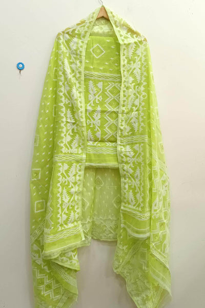 Jamdani silk cotton salwar suit material in 2 piece in green