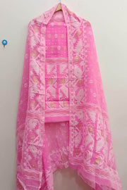 Jamdani silk cotton salwar suit material in 2 piece in pink