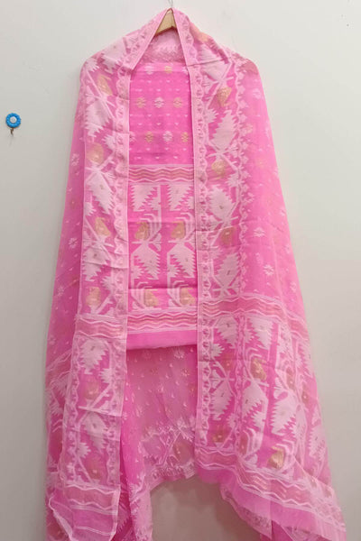 Jamdani silk cotton salwar suit material in 2 piece in pink