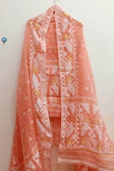 Jamdani silk cotton salwar suit material in 2 piece in peach