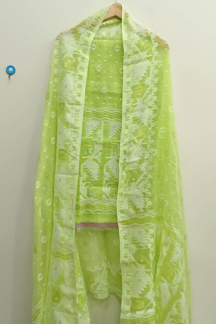Jamdani silk cotton salwar suit material in 2 piece in green