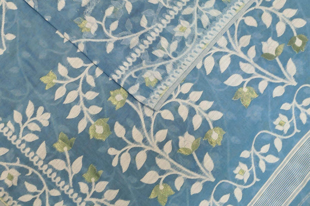 Handloom silk cotton saree in blue in floral jamdani