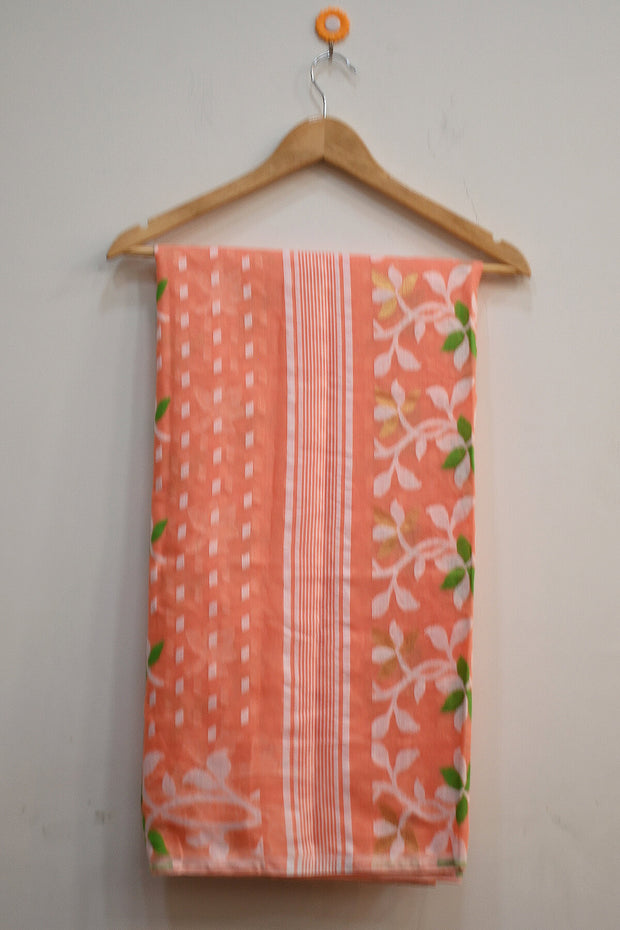Handwoven jamdani silk cotton saree in peach and without blouse