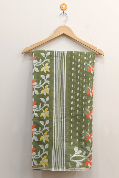 Handwoven jamdani silk cotton saree in mehndi green  and without blouse