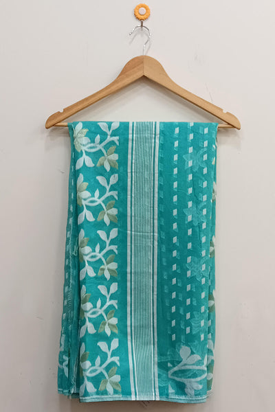 Handwoven jamdani silk cotton saree in teal green  and without blouse