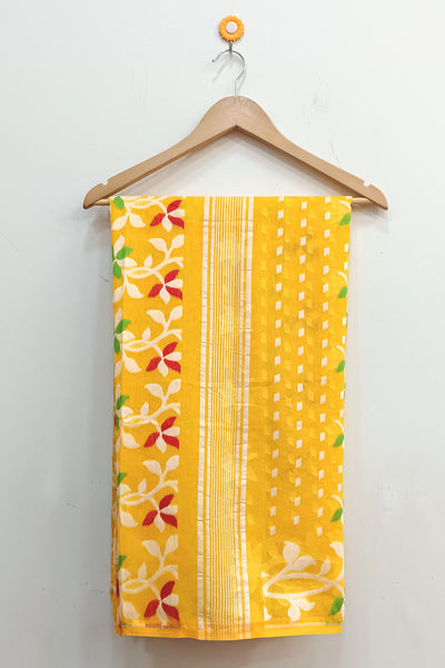 Handwoven jamdani silk cotton saree in yellow  and without blouse