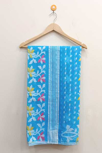 Handwoven jamdani silk cotton saree in blue  and without blouse