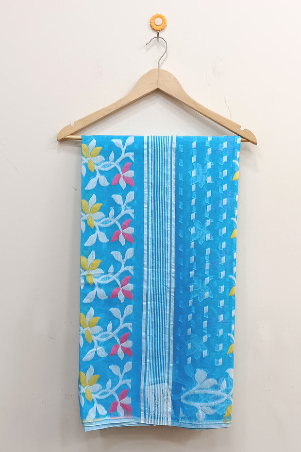 Handwoven jamdani silk cotton saree in blue  and without blouse