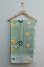 Handwoven jamdani silk cotton saree in teal green with contrast border and without blouse
