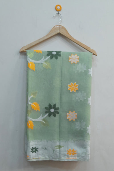 Handwoven jamdani silk cotton saree in teal green with contrast border and without blouse