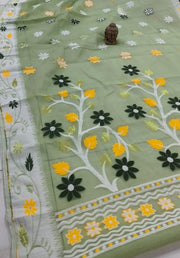 Handwoven jamdani silk cotton saree in teal green with contrast border and without blouse