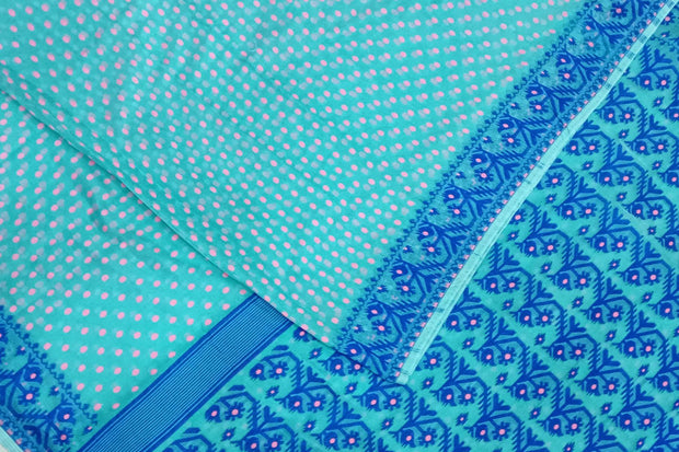 Handwoven silk cotton saree in teal blue in  jamdani weave  with contrast border & 1000 buttis