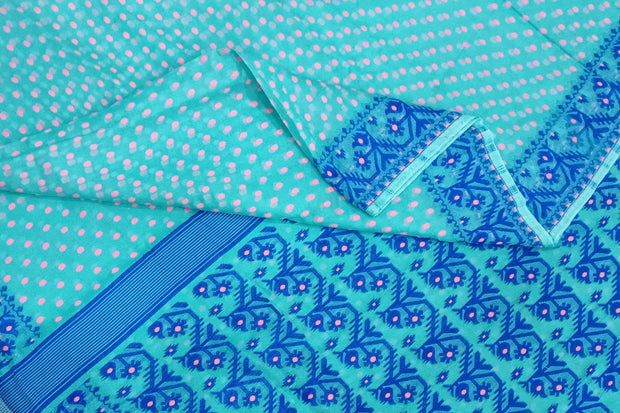 Handwoven silk cotton saree in teal blue in  jamdani weave  with contrast border & 1000 buttis