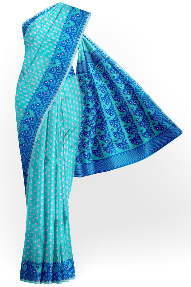 Handwoven silk cotton saree in teal blue in  jamdani weave  with contrast border & 1000 buttis