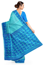 Handwoven silk cotton saree in teal blue in  jamdani weave  with contrast border & 1000 buttis