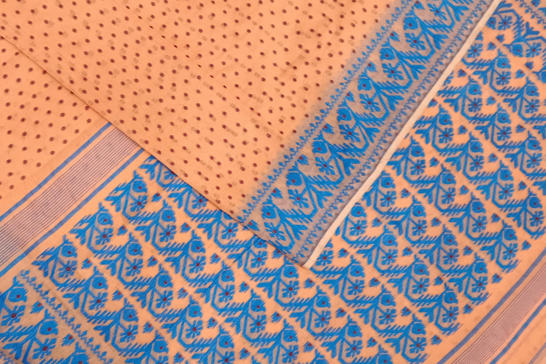 Handwoven silk cotton saree  peach in jamdani weave  with contrast border & 1000 buttis
