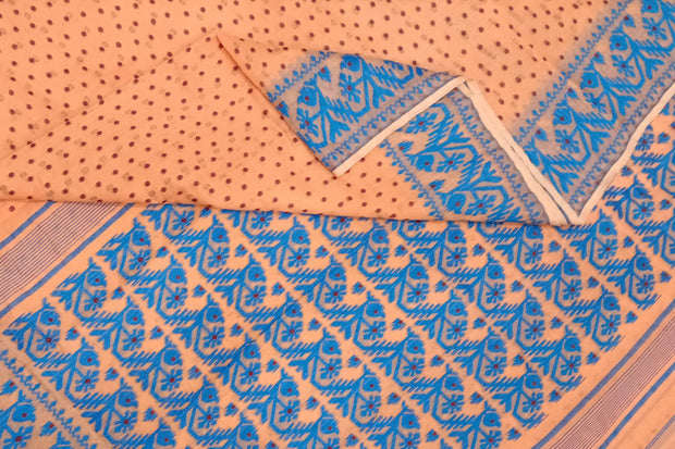 Handwoven silk cotton saree  peach in jamdani weave  with contrast border & 1000 buttis