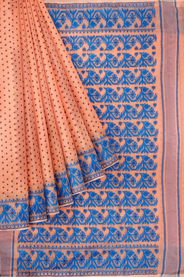 Handwoven silk cotton saree  peach in jamdani weave  with contrast border & 1000 buttis