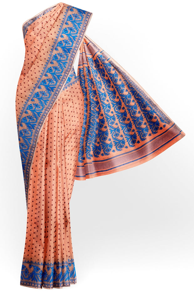 Handwoven silk cotton saree  peach in jamdani weave  with contrast border & 1000 buttis