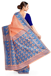 Handwoven silk cotton saree  peach in jamdani weave  with contrast border & 1000 buttis