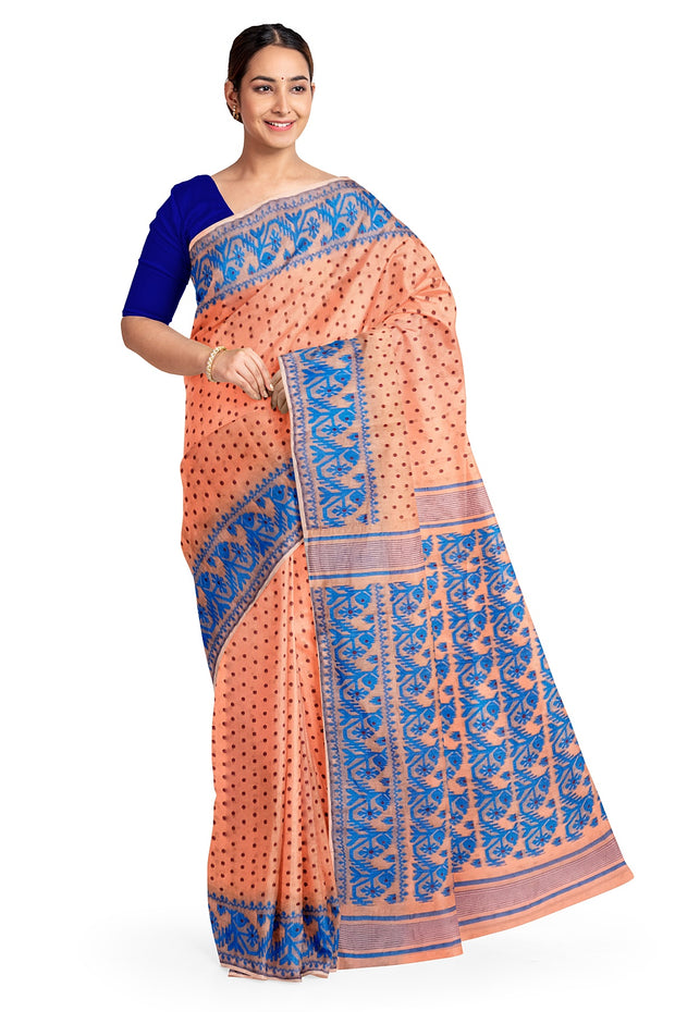 Handwoven silk cotton saree  peach in jamdani weave  with contrast border & 1000 buttis