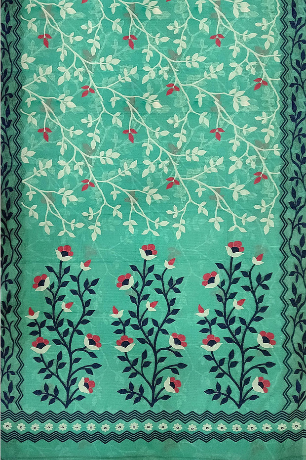 Handwoven silk cotton saree in teal green with all over jamdani weave