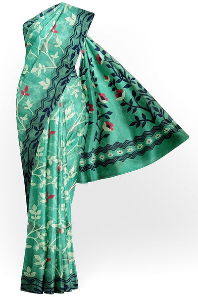 Handwoven silk cotton saree in teal green with all over jamdani weave