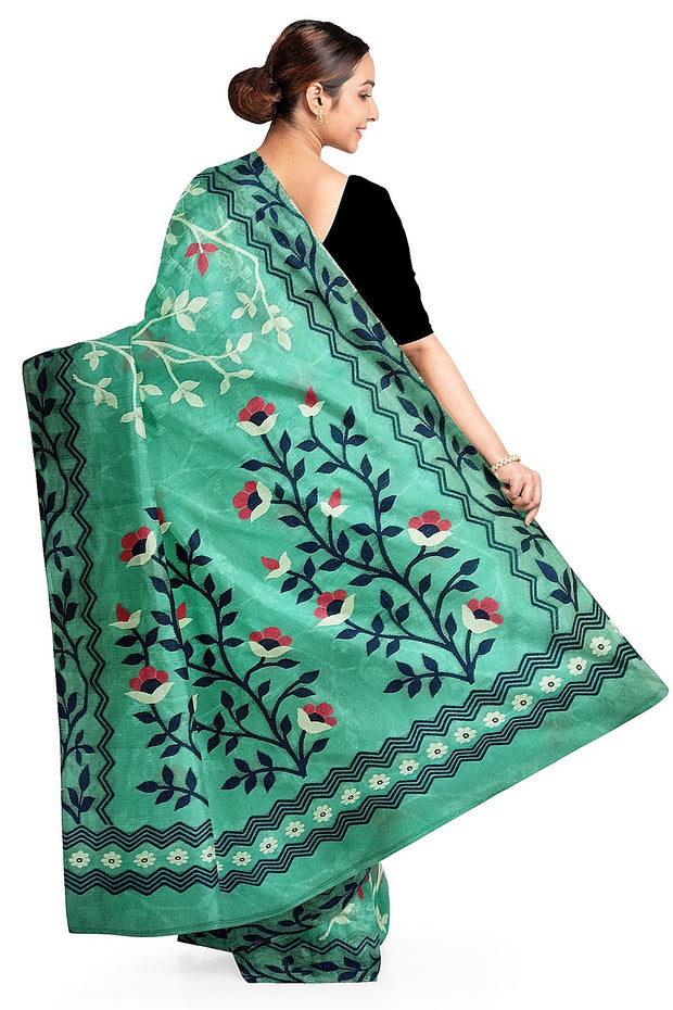 Handwoven silk cotton saree in teal green with all over jamdani weave